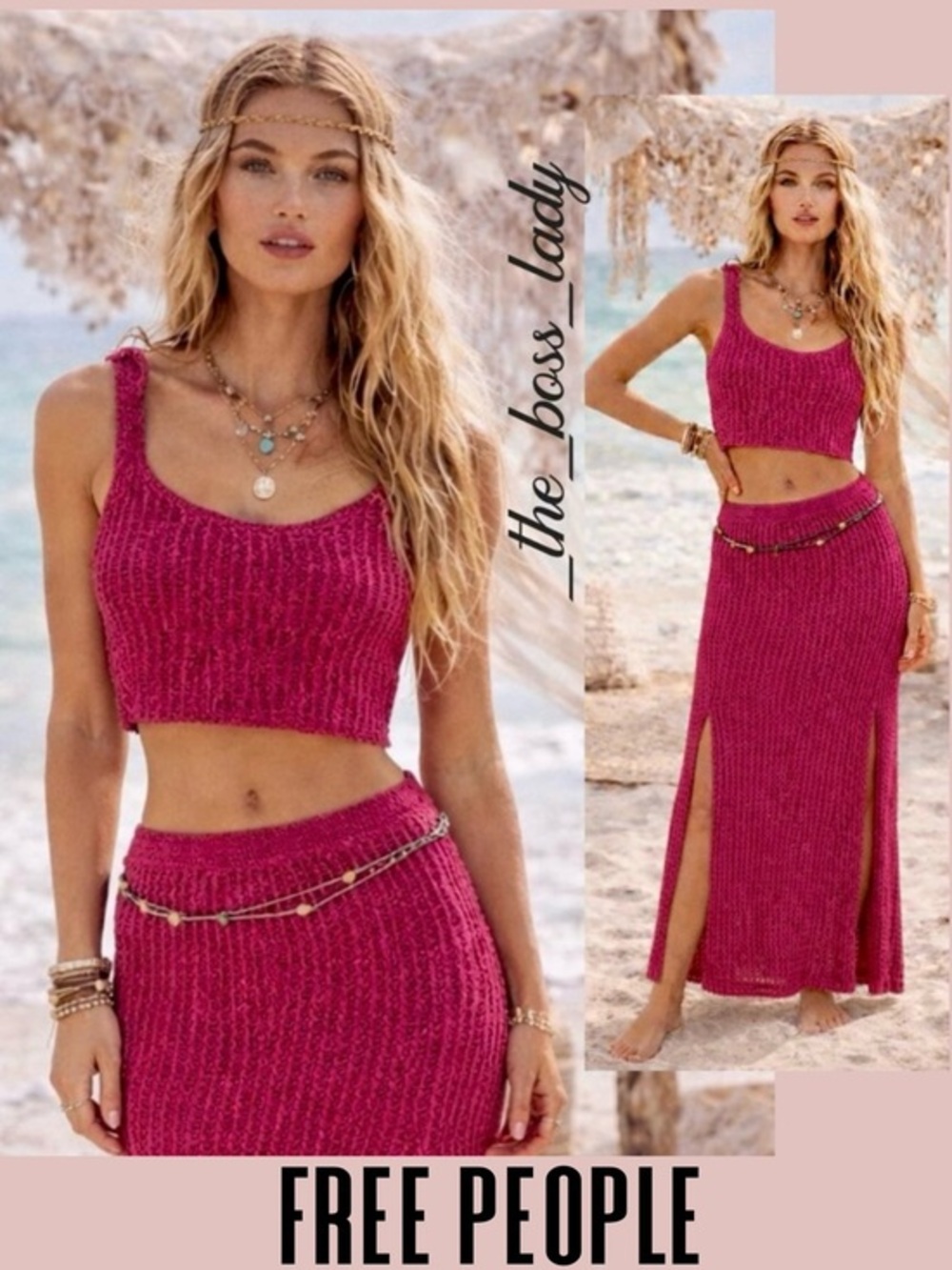 Free People skirt set co-ord crochet matching set havana sweater set boho Large